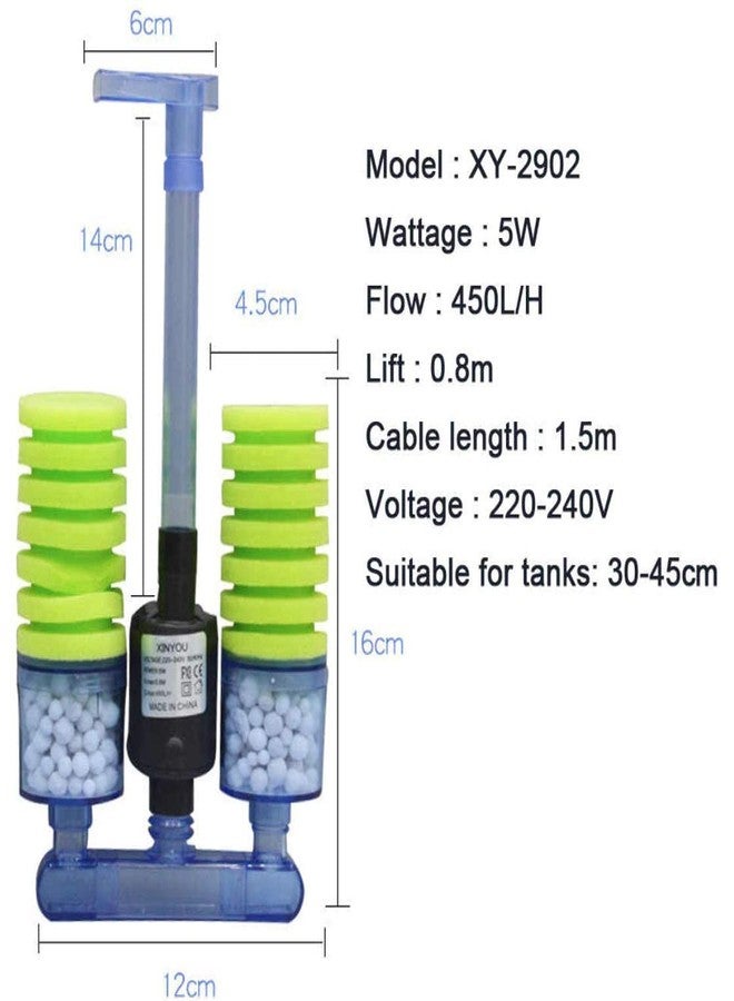 VAYINATO Xinyou XY-2902 Aquarium Biochemical Double Sponge Filter Pump with 2 Extra Black Sponge and Filter Media for Aquarium Fish Tank | 5W | 450L/H | 0.8M | Suitable 30-45CM Tank - Image 3